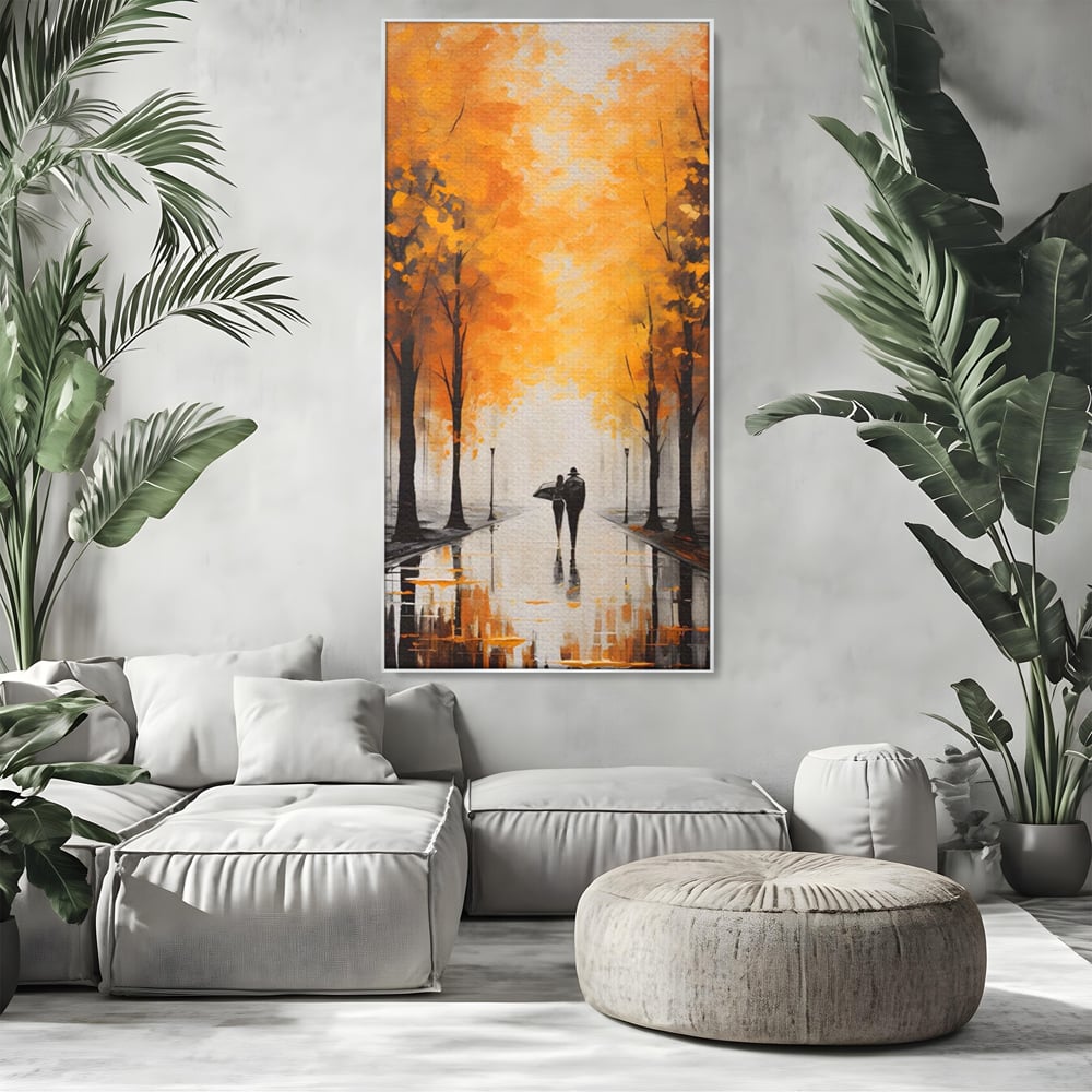 Tablou canvas cu tablou canvas cuplu sub umbrela, in rama de aluminiu argintiu, pe perete intr-un living